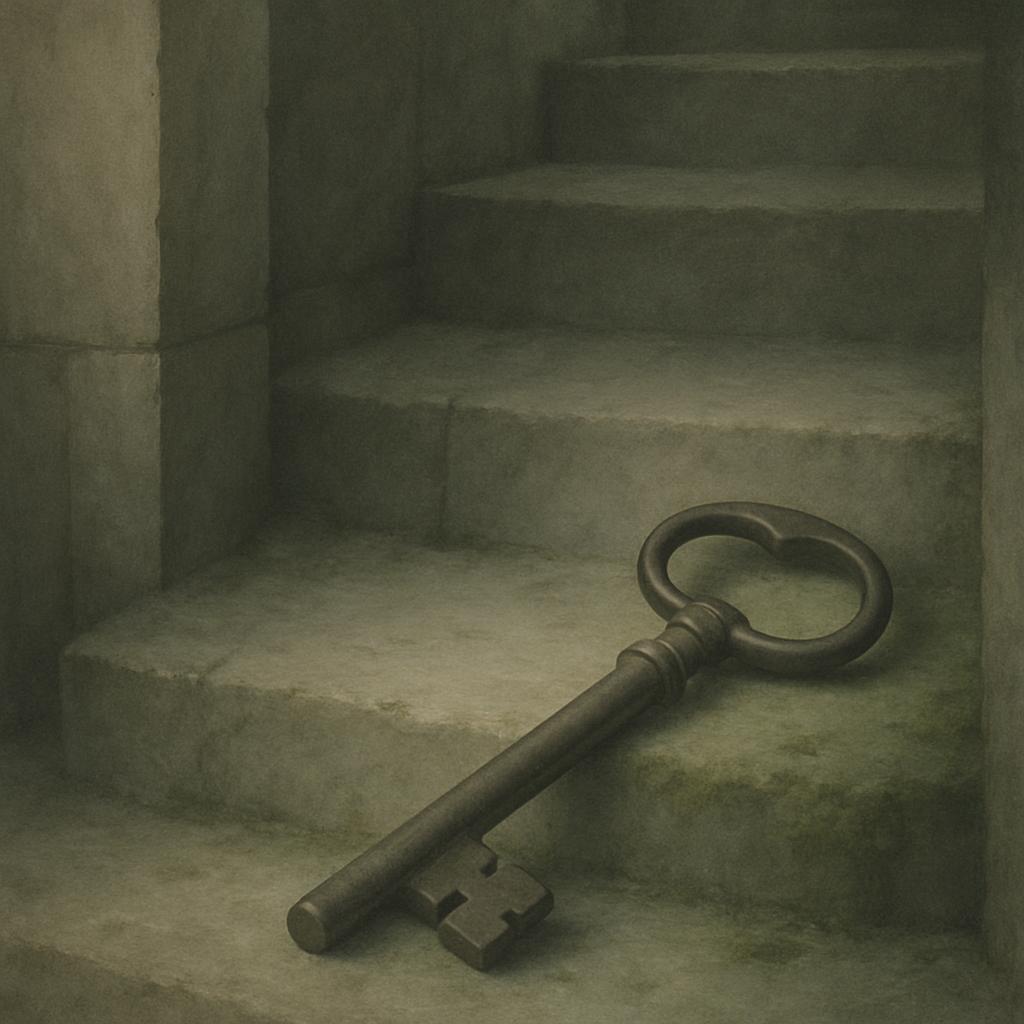 Old fashioned key lying on stairs, sepia toned.