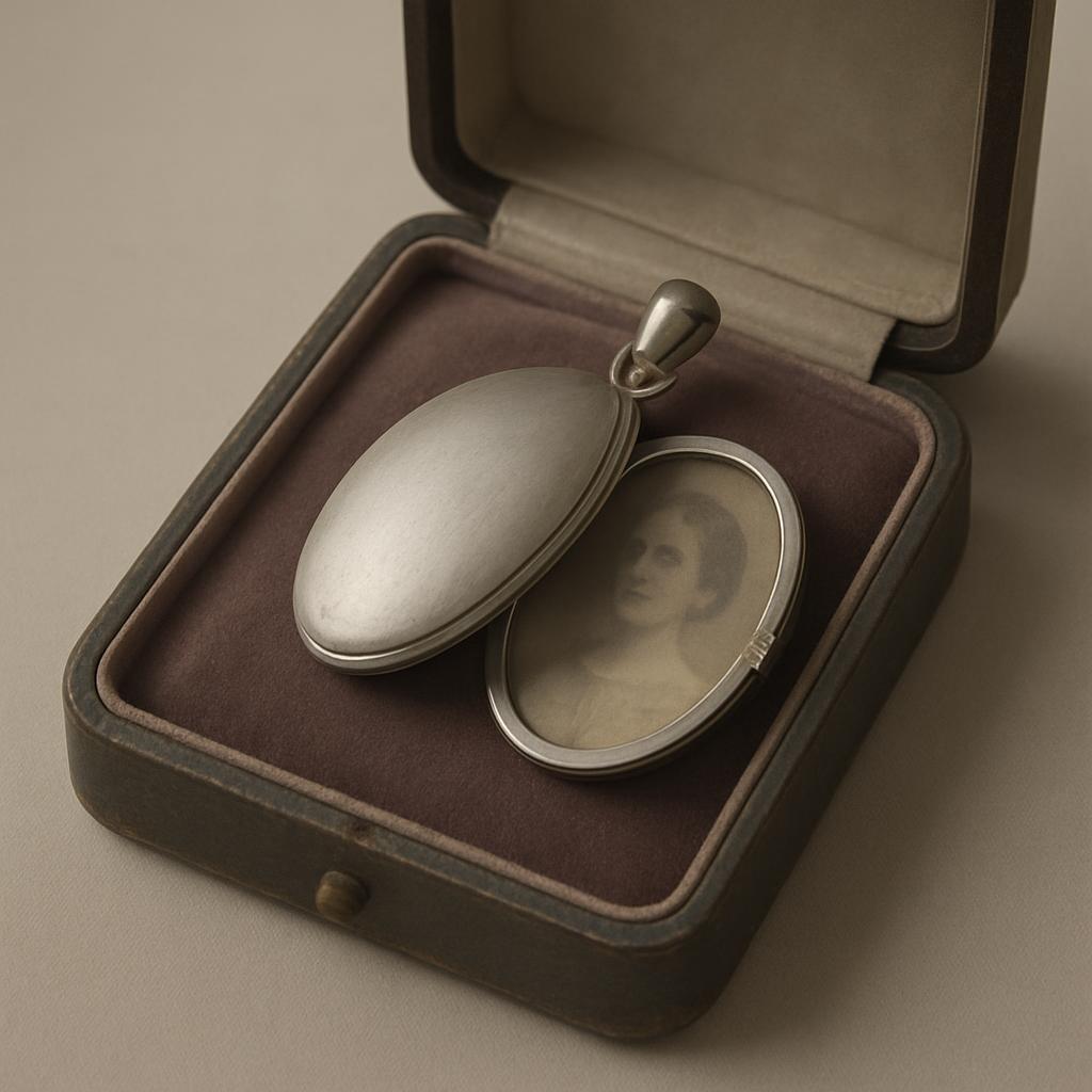 This image features a silver, antique-style locket with a woman's photograph, housed in a dark-brown, ornate velvet jewelr...